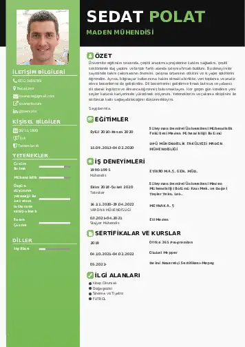 Maden Mühendisi Cv Örnekleri cv indir